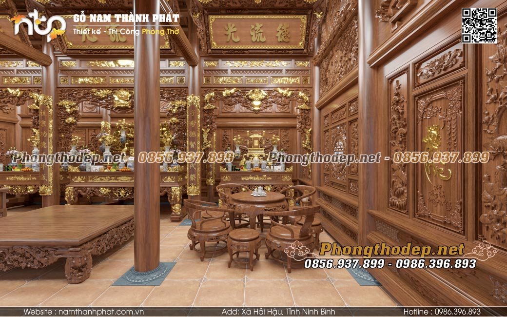 Bố trí nội thất nhà gỗ 3 gian với không gian tiếp khách hai bên